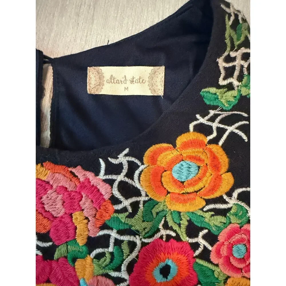 Altar'd State Embroidered Floral Mini Dress Stripe Boho Cottagecore Size Medium
